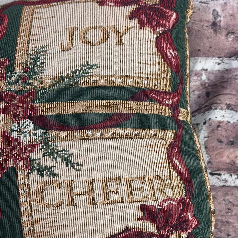 Vintage Christmas Tapestry Pillow Peace Joy Noel Cheer Red‎ Green Gold Ribbons